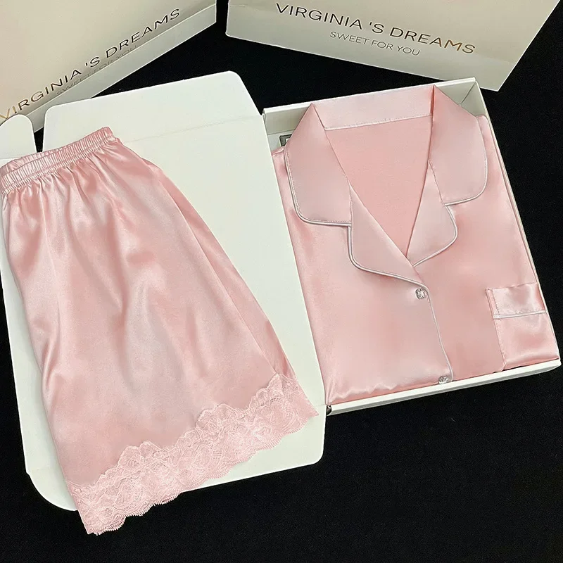 

Женский пижамный комплект из 2 предметов, однотонная кружевная пижама из искусственного шелка, атласная пижама на пуговицах, пижама с коротким рукавом, домашняя одежда