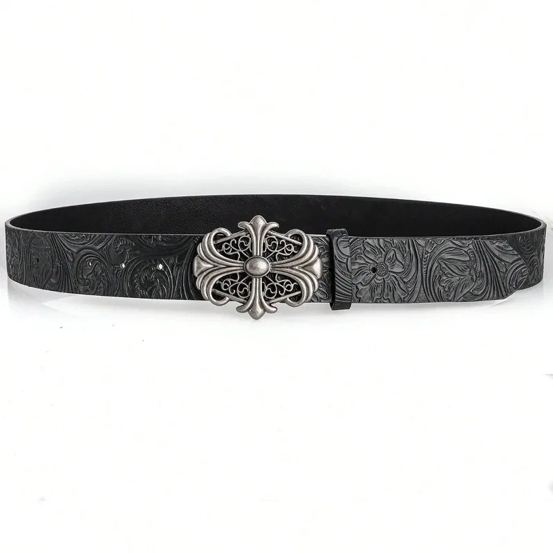Retro Men's Belt Chic Black PU Leather Fashionable Retro Punk Rock Style Girl Spicy Lotus Texture Hollow Smooth  Buckle