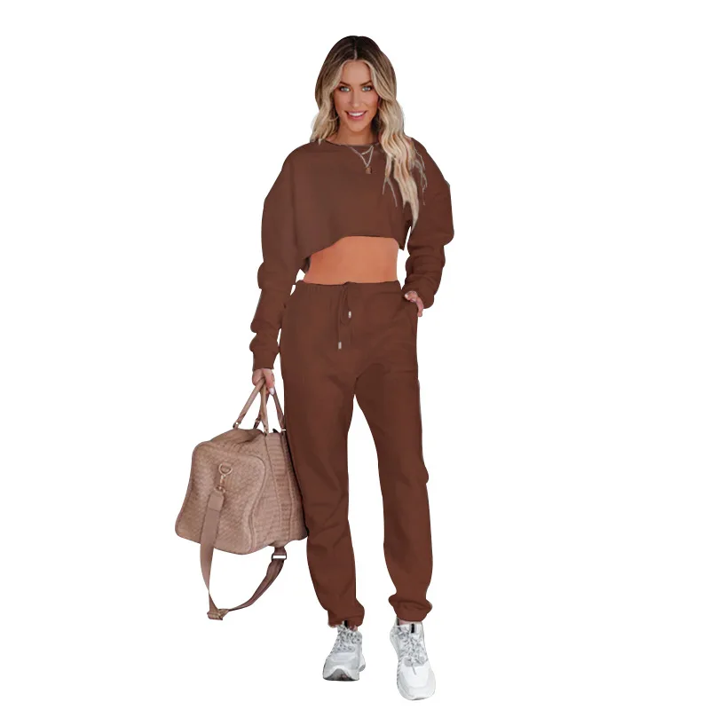 Autumn and Winter New Solid Color Round Neck Sleeve Head Crop Long Sleeve Hoodie Women's Fashion Casual Drawstring Pants Suit