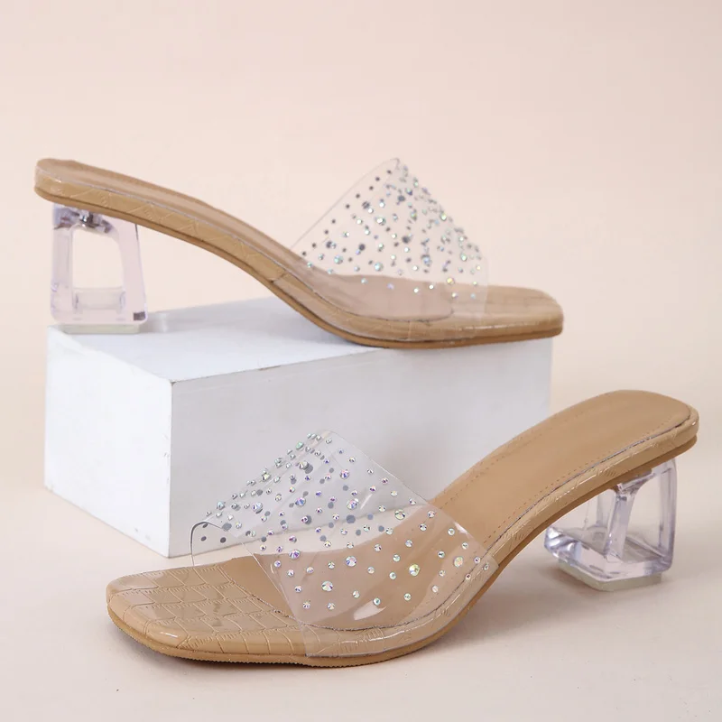 Fashion PVC Transparent Rhinestone Slippers Women Sexy High Heels Square Toe Ladies Shoes Shallow Sandals Slippers Women