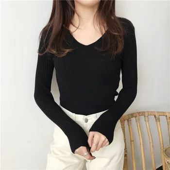 Korean Autumn V Neck Sweater Knitted Fashion Sweaters 2025 Slim Winter Tops For Women Pullover Jumper Pull Femme Truien Dames 3