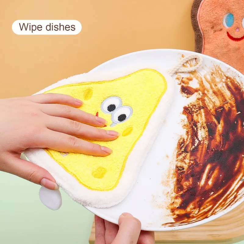 Cartoon Toast Hand Towel | Hanging Kitchen Baking Series Cloth, Thick Absorbent Bathroom Square Towel for Home Use Convenient