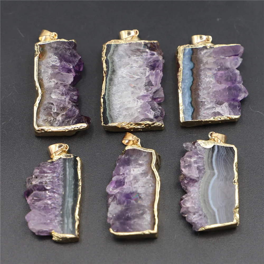 

Hot Natural Stone Amethysts Slice Druzys Mexican Pendants Healing Crystal Quartz Necklace Male Raw Slab Geode Women Jewelry 6PCS