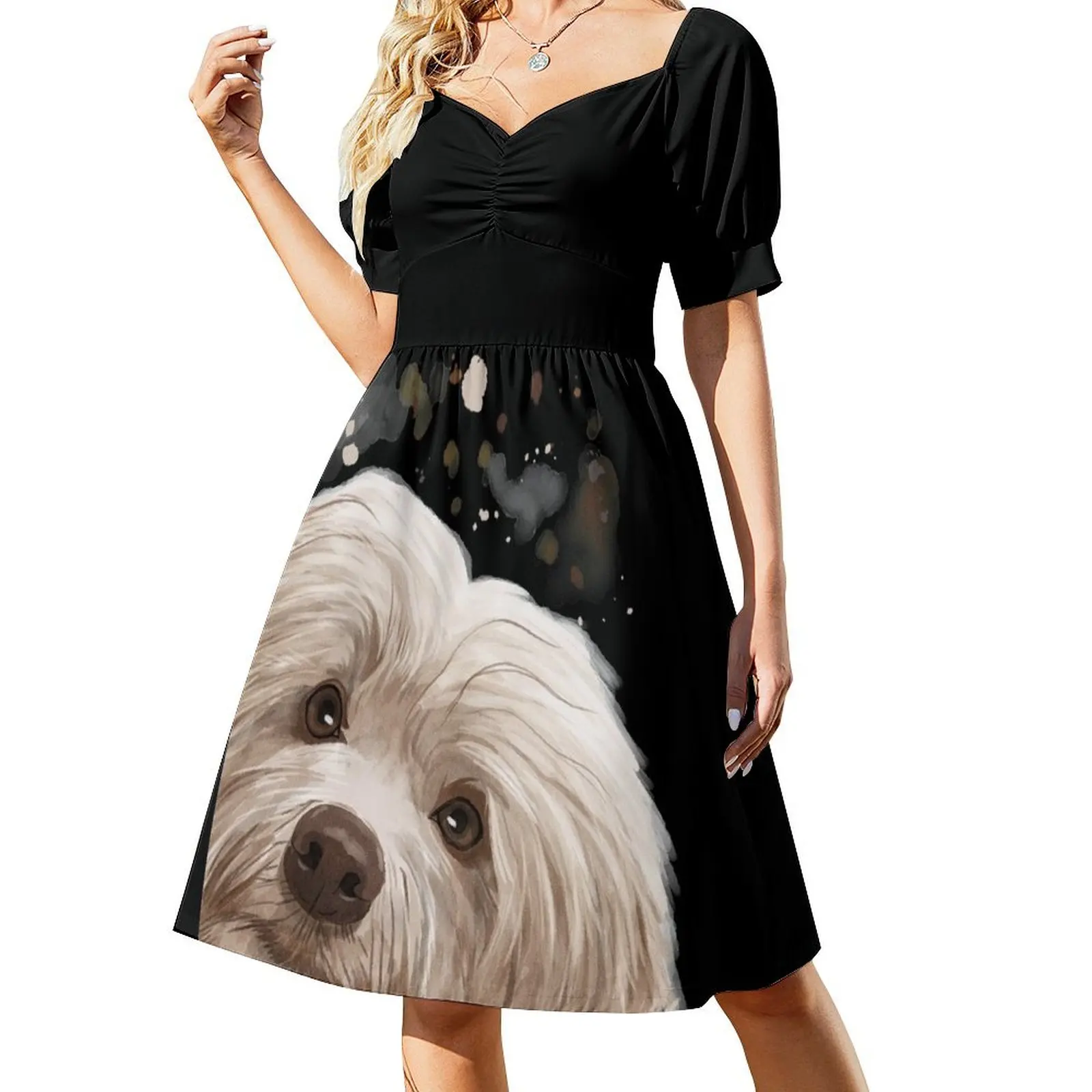 thumbnail image 1 of Vestido de manga corta con diseño de perro habanero curioso Vestidos largos vestidos de fiesta de verano para mujer, 1 of 7