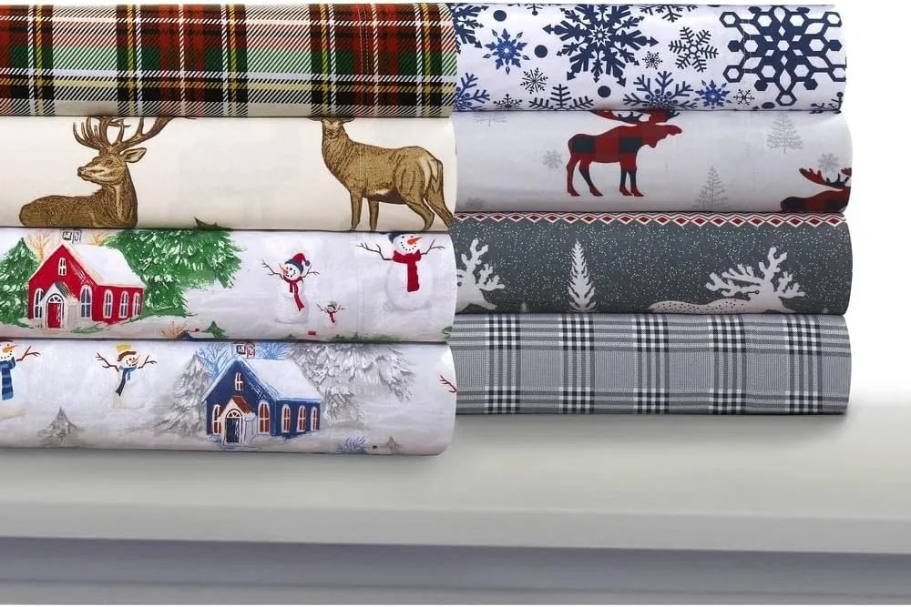 Cozy Snowman Flannel Sheet Set Queen Size 170-GSM Deep Pocket Navy Red Cotton