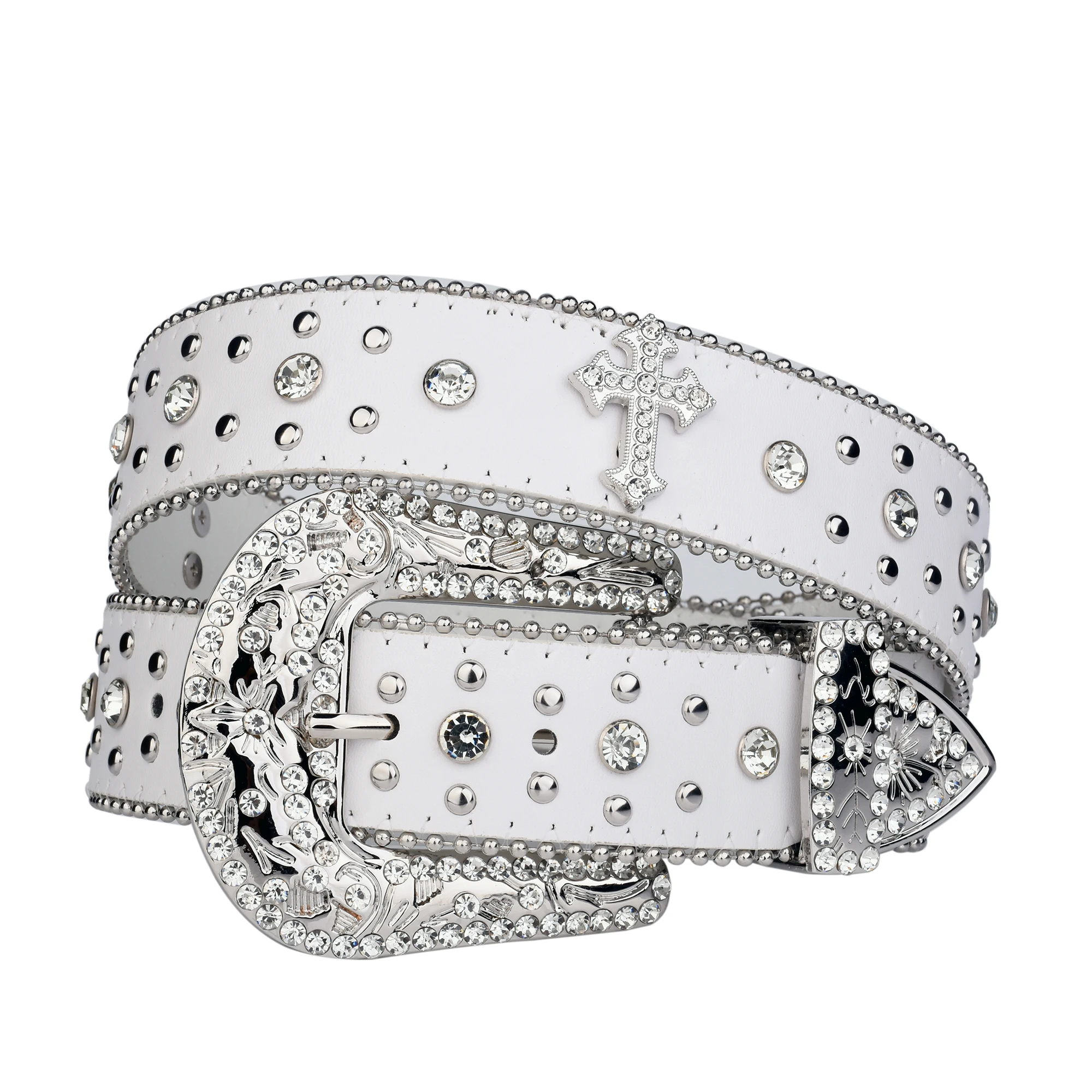 Punk Rhinestone White Belt female male fashion western jeans