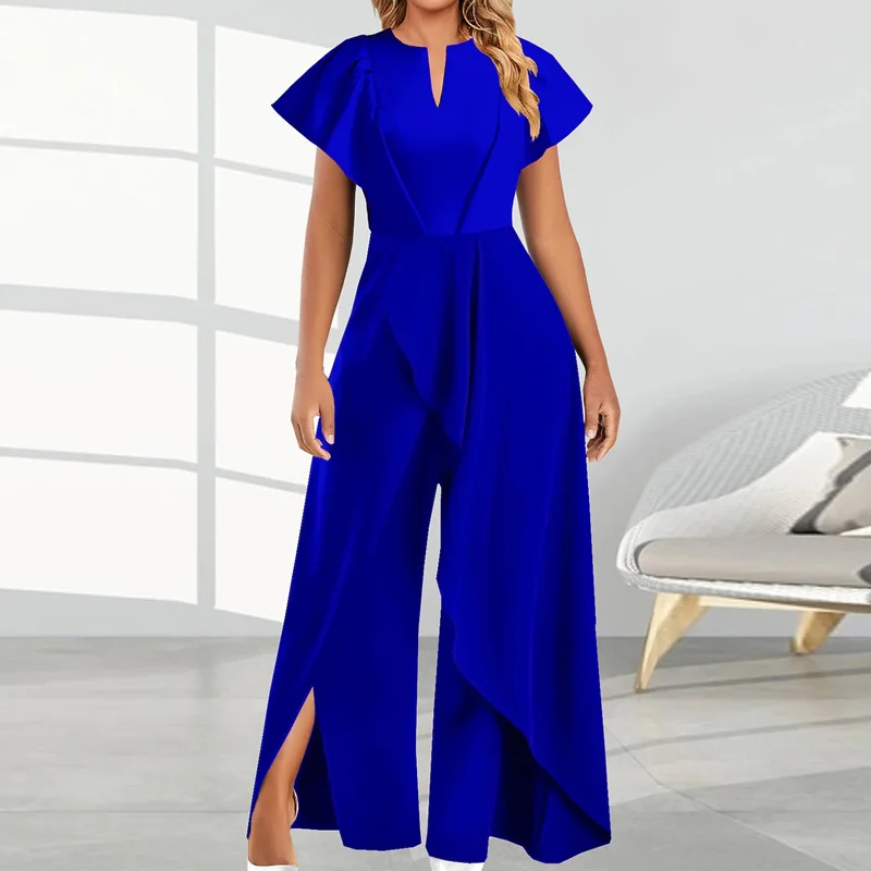 

Spring Solid V Neck Irregular Party Jumpsuit Women High Waist Wide Leg Split Pants Rompers Summer Short Sleeve Straight Overalls
