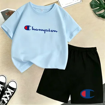 Kids Summer T-shirt Brand Letters Clothing Round Neck Short-sleeved Top+Shorts Boy Girl Coat 3-12Years Fashion Casual Sports Set
