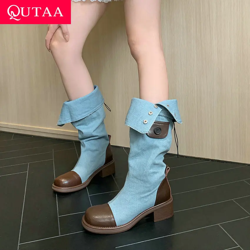 

QUTAA 2024 Women Knee-High Boots Platforms Denim Office Lady Med Heel Casual Elegant Autumn Winter Shoes Woman Size 34-39