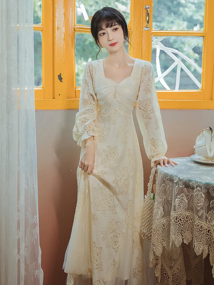 

Summer new women's elegant south Korean style palace luxury square collar long sleeve hollow mesh chiffon splicing long dress