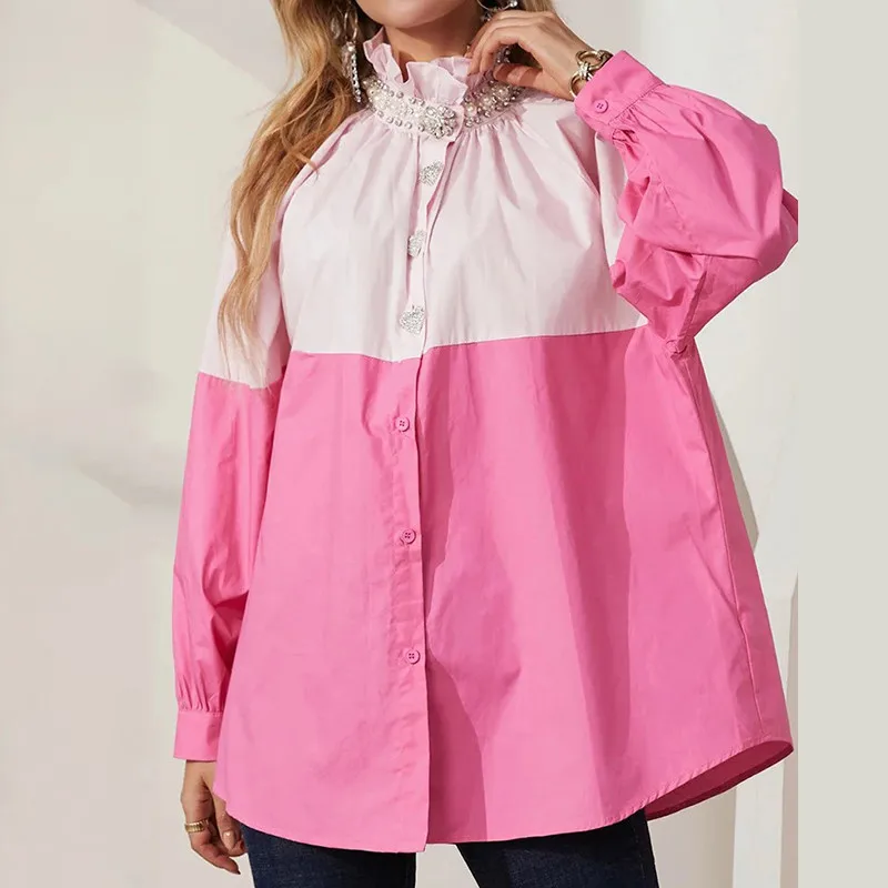 ECR Fashion Hit Color Blouses For Women Stand Collar Long Sleeve Spliced Diamonds Casual Loose Single Breasted Shirts Female New