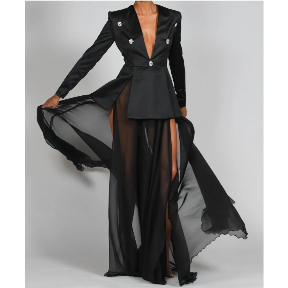 Women Blazer Skirt Set Sexy V-neck High Waist Floo-length Long Dress Set Diamond Black Ladies Suit Coat + Mesh Long Skirts Set