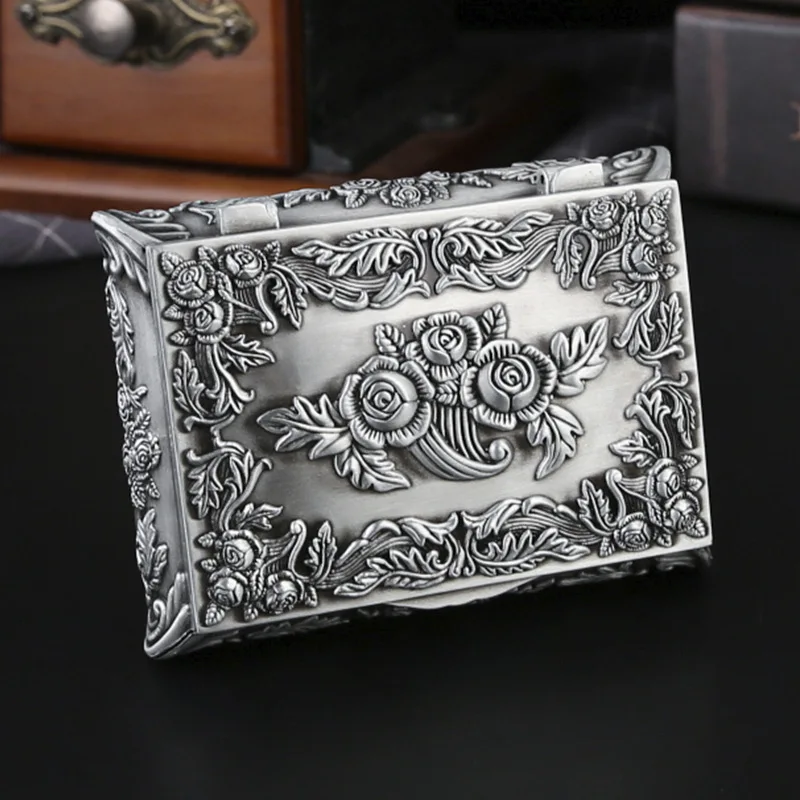 European Jewelry Storage Box Zinc alloy Trinket Organizer Ring Box Case With Rose Pattern Jewelry Storage Box Gift for Girls