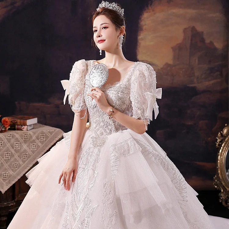 

Handmade Customized Wedding Dress 2024 New Bride Elegant Palace Style Big Tail Wedding Dress White Princess Birthday Dress