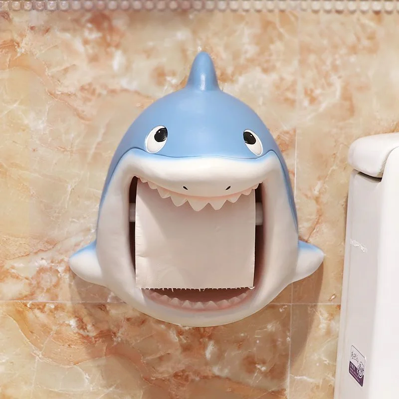 KawaiiSharkToiletPaperHolderDecorativeWallMountedRollPaperTowelHolderRackBathroom