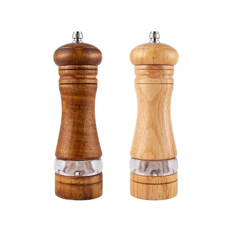 6-inch Manual Pepper Grinder Rubber Wood Acrylic Salt Shakers Adjustable Ceramic Rotor-Refillable Oak Spice Salt Grinding Bottle
