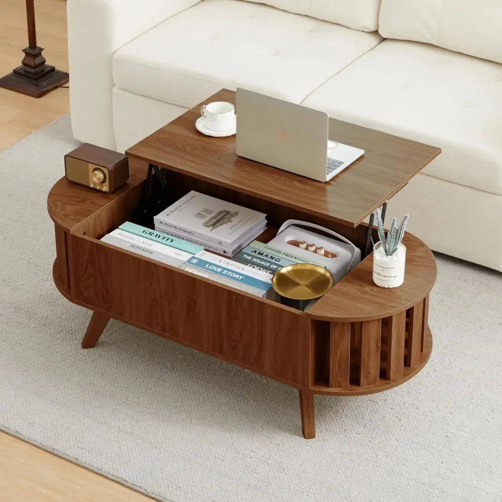 Wood Top Coffee Table with Hidden Storage,47.24" Oval Lift Table Top Curved Profile Design Low Tea Table for Living Room, Office 2