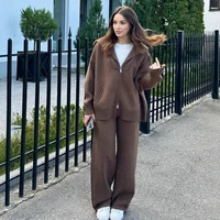 Autumn Winter Fashion Casual Loose Women Two Piece Set Knitted Zipper Long Sleeve Winter Warm Cardigan Coat+Wide Leg Pants Suit 1