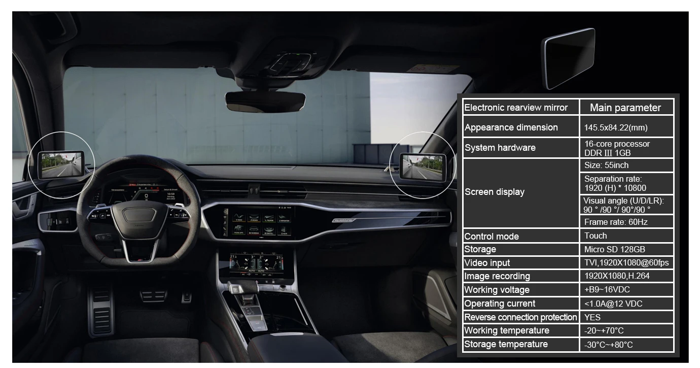 شاشة مرآة جانبية رقمية نظام كاميرا الرؤية الخلفية الجانبية Pro مع كاميرا 1080P 60FPS DVR AI BSD إنذار 5.5 بوصة IPS تعمل باللمس