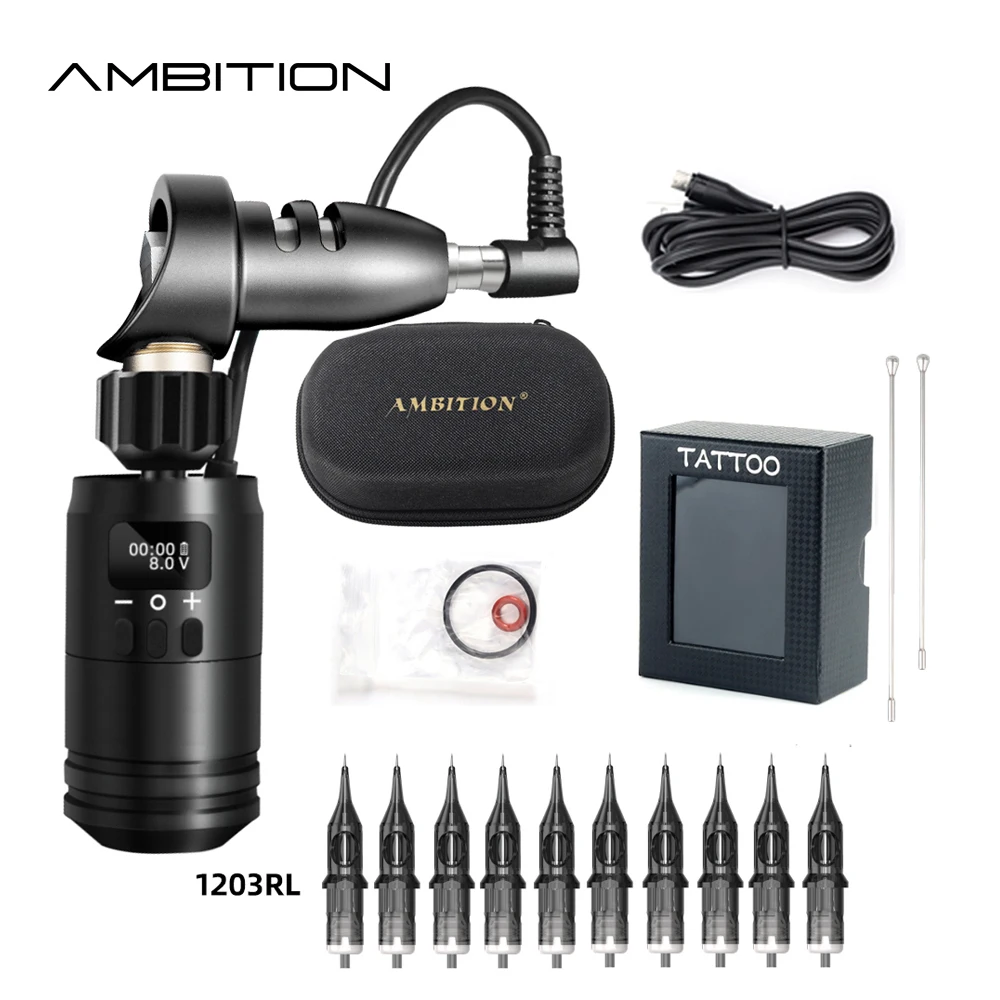 Ambition Rotary Cartridge Tattoo Machine Gun Kit With Wireless Tattoo Battery Grip Power 1600mAh 10PCS Cartridge Needles