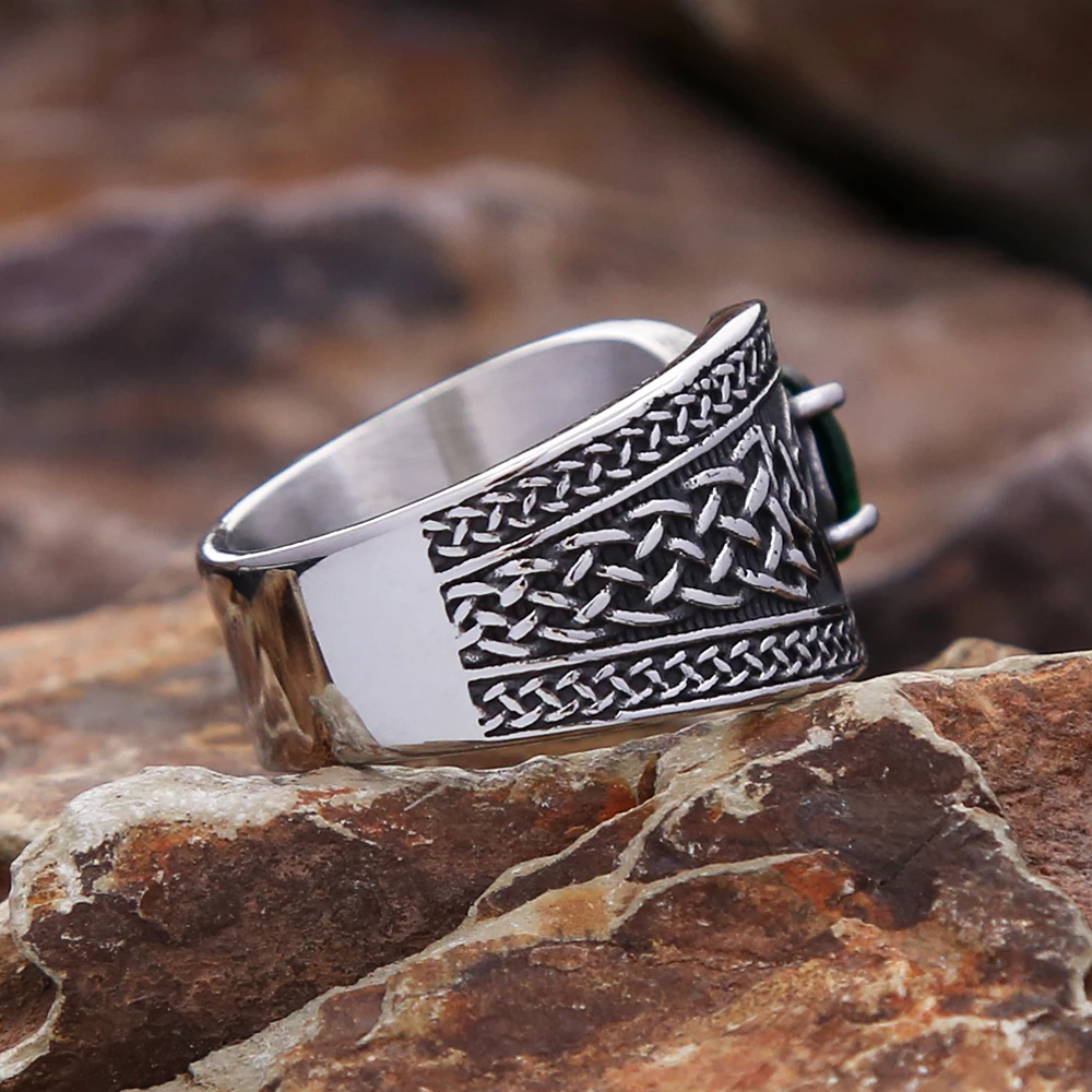 Anello Uomo Acciaio Inox Con Pietra Turchese/Onice - Design Celtico Vintage, Taglie 8-12