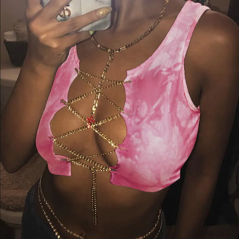 

Sexy Tank Top Gold Chain Wrap Chest Gradient Halter Crop Tops Women Bare Midriff Sleeveless Cropped Vest Camis Tube Top Female