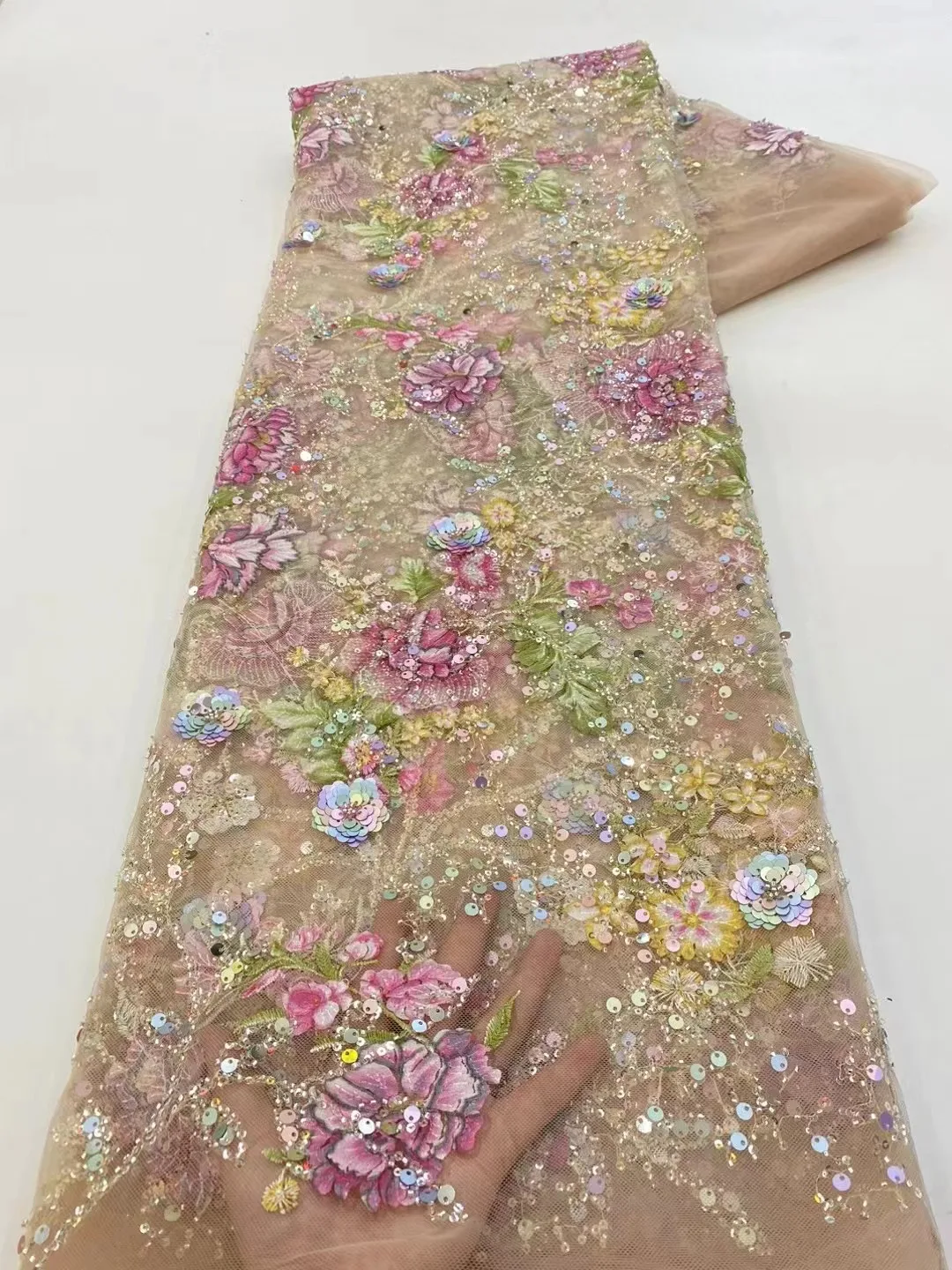 

Африканская кружевная ткань с 3D бусинами 2024 Высококачественная французская вышивка для женского свадебного платья нигерийская кружевная Сетчатая Ткань 5 ярдов