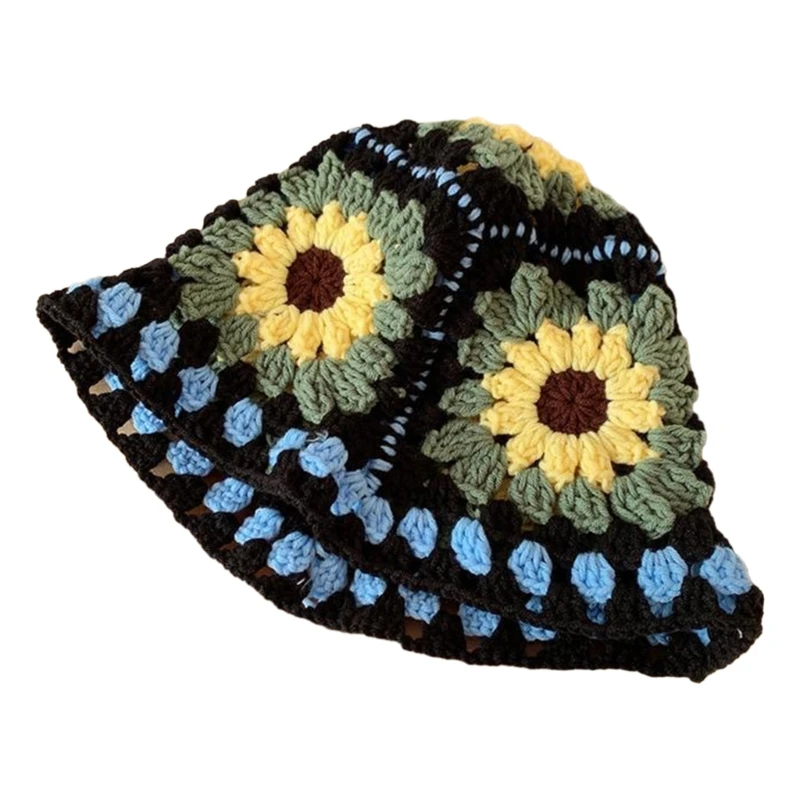 

Y1UB Вязаная крючком шляпа-ведро с цветком. Летняя шляпа-ведро. Вязаная крючком шляпа-рыбак с цветком для взрослых подростков.