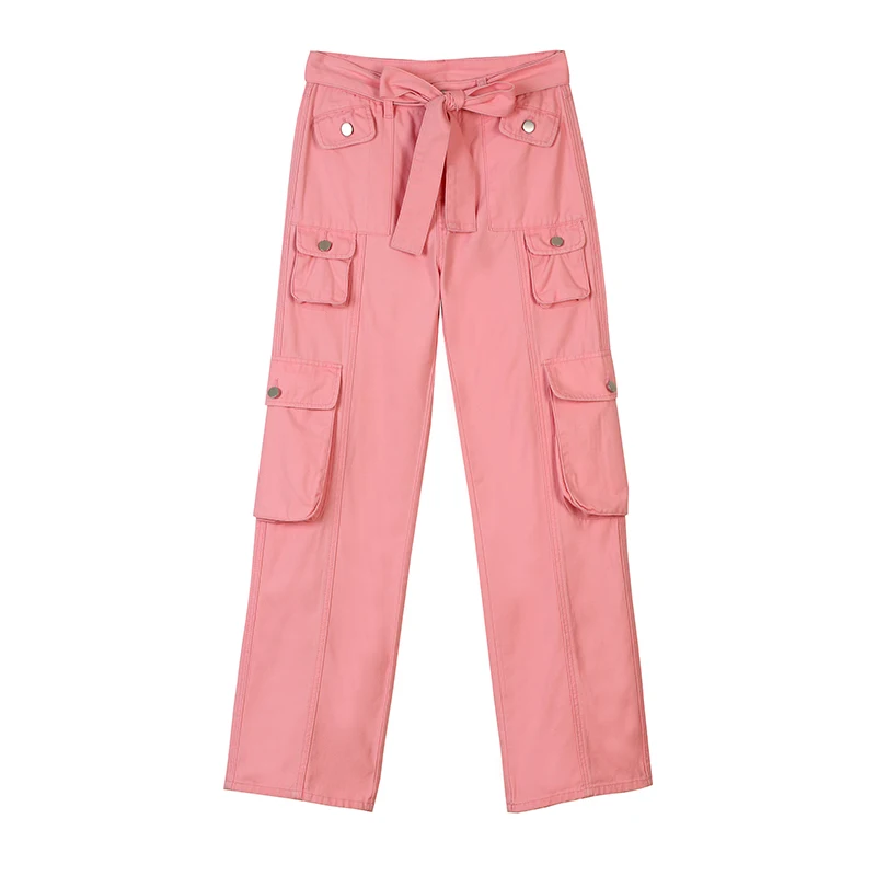 Chic Bandage Denim Cargo Jeans High Waist Loose Casual Fashion Lace-Up Waist Denim Pants Pockets Oversize BF Trousers Pink Jeans