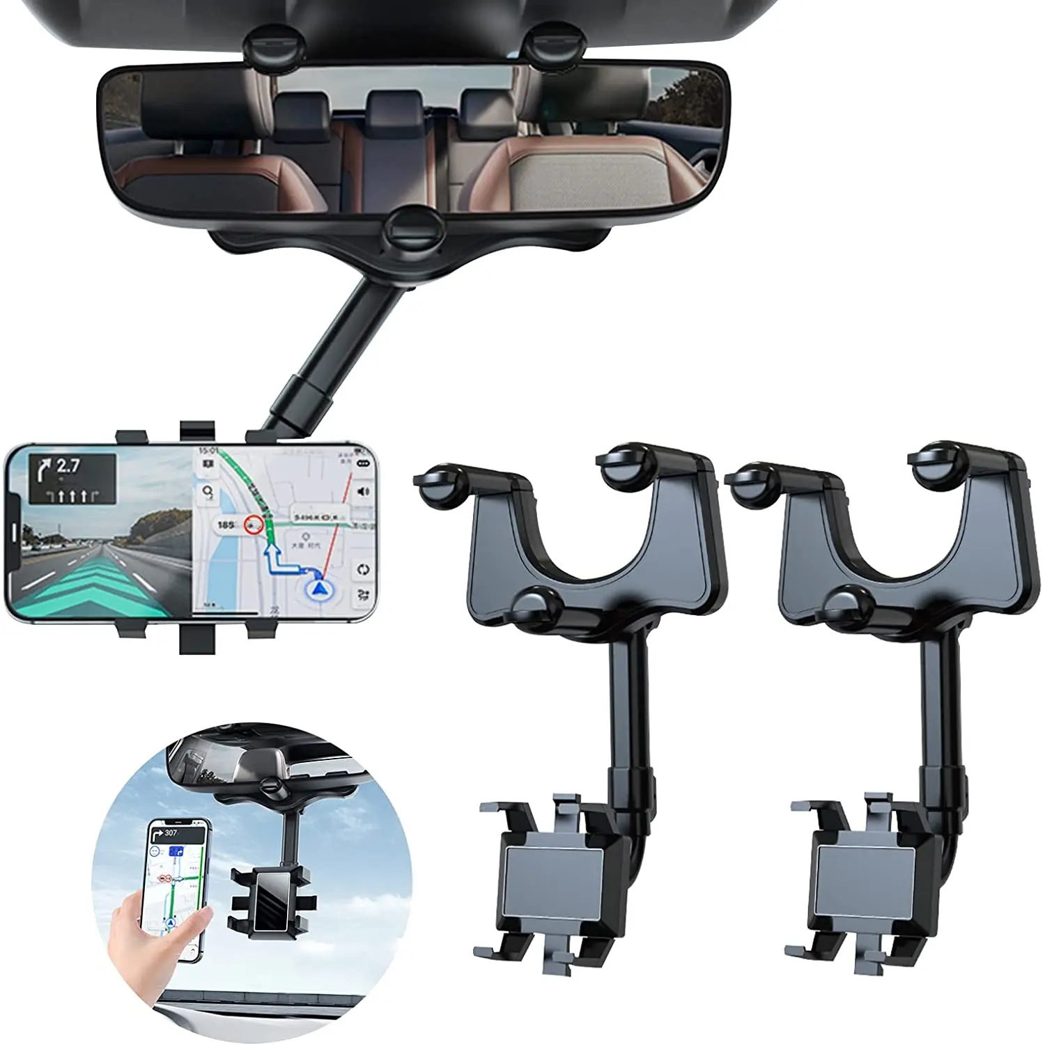 Rearview Mirror Phone Holder Rotatable and Retractable Car Phone Holder