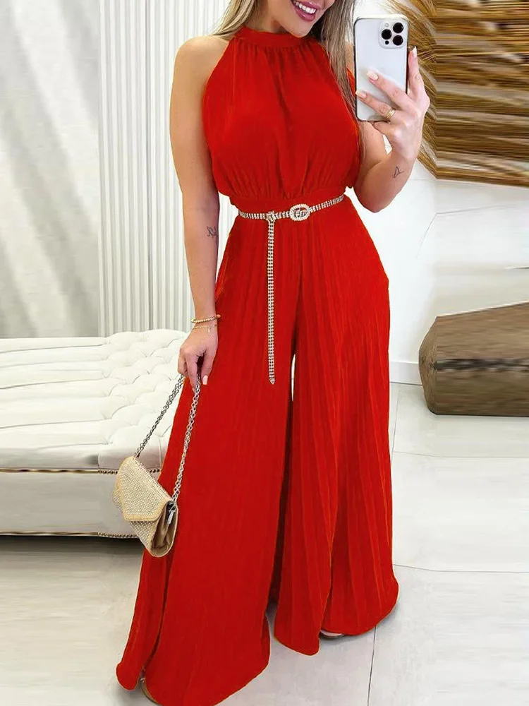 

Summer Women's Sleeveless Pleated Wide Leg Jumpsuit Without Belt