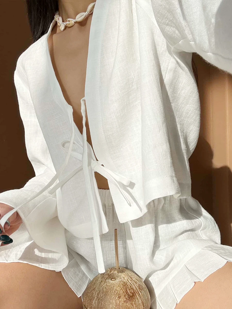 Bronladies Lace Up Long Sleeves Shorts Set Summer Womem's Solid Color Top Fashionable Loose Casual Flounce Shorts 2-Piece Set