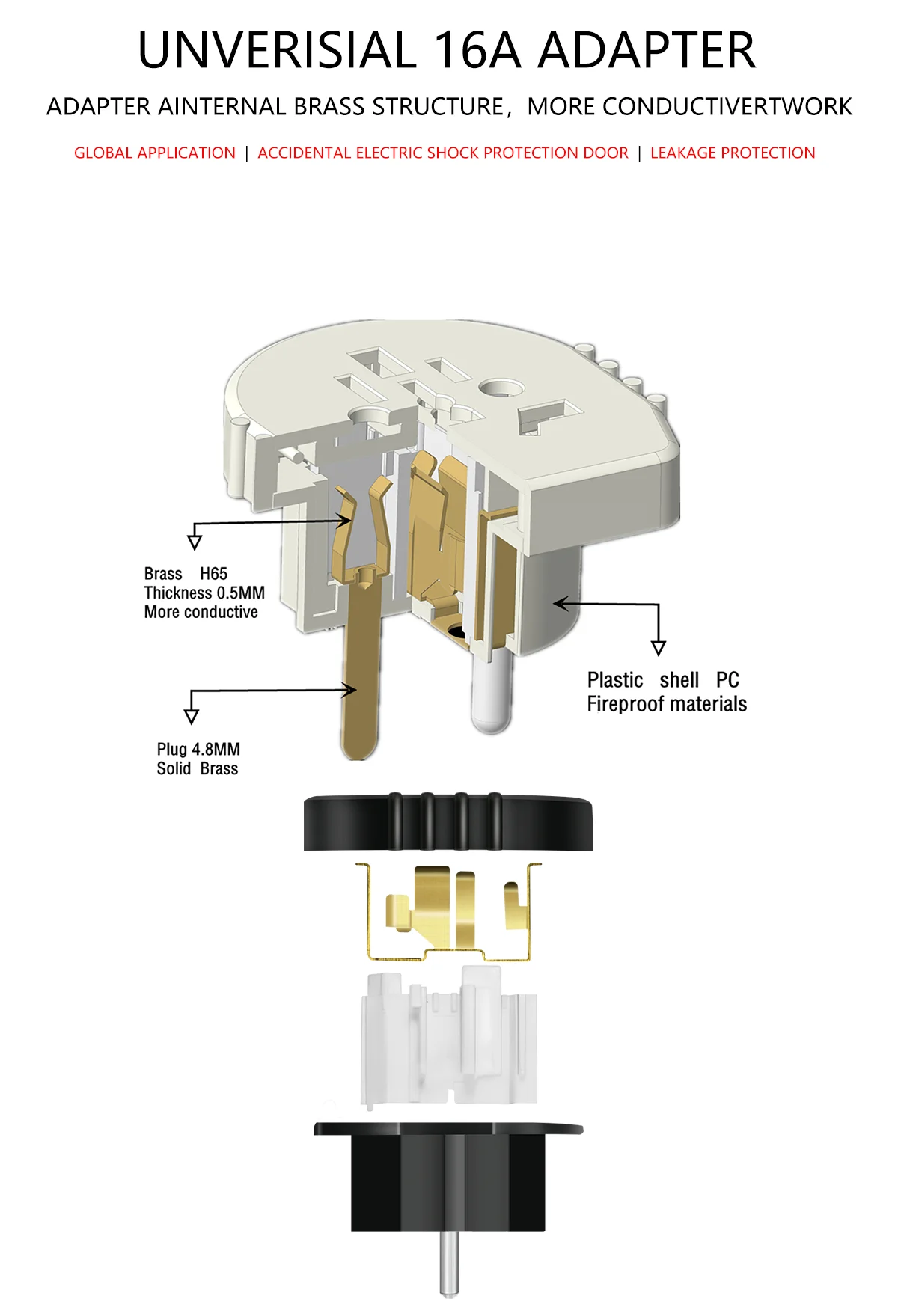 Power Plug Adapter 16A 250V EU Converter AU UK CN US To EU Europe Plug Travel Adapter