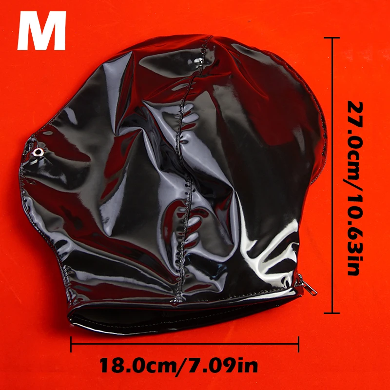 Shiny Black BDSM Mask,Full Cover Bondage Hood With Nose Hole,Zipper Back,Sex Toys for Couples Restraints,Adult Games