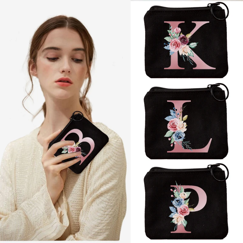 Pink Letter Flower Print Purse for Girls Coin Small Fresh Canvas Zipper Pouch Girl Kawaii Bags Cute Bag Gift |