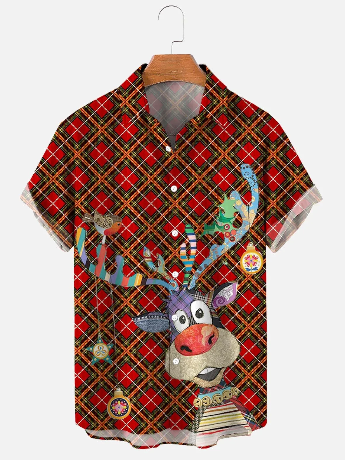 

DUTRIEUX Men's Christmas Cartoon Reindeer Print Casual Breathable Short Sleeve Hawaiian Shirt