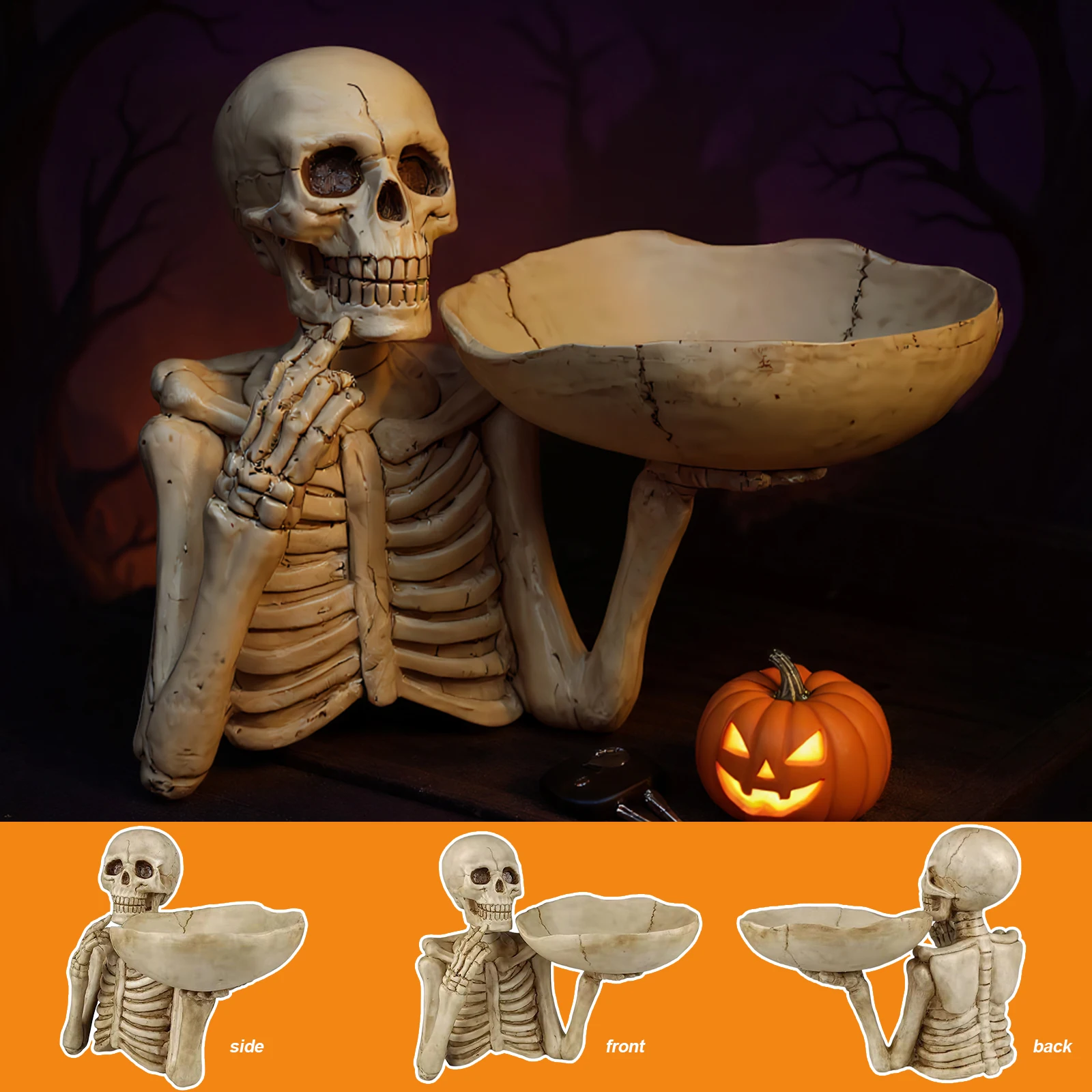 Halloween Skeleton Snack Storage Tray Resin Candy Holder Punk Food Display Bowl for Home Tabletop Party Bar Tray