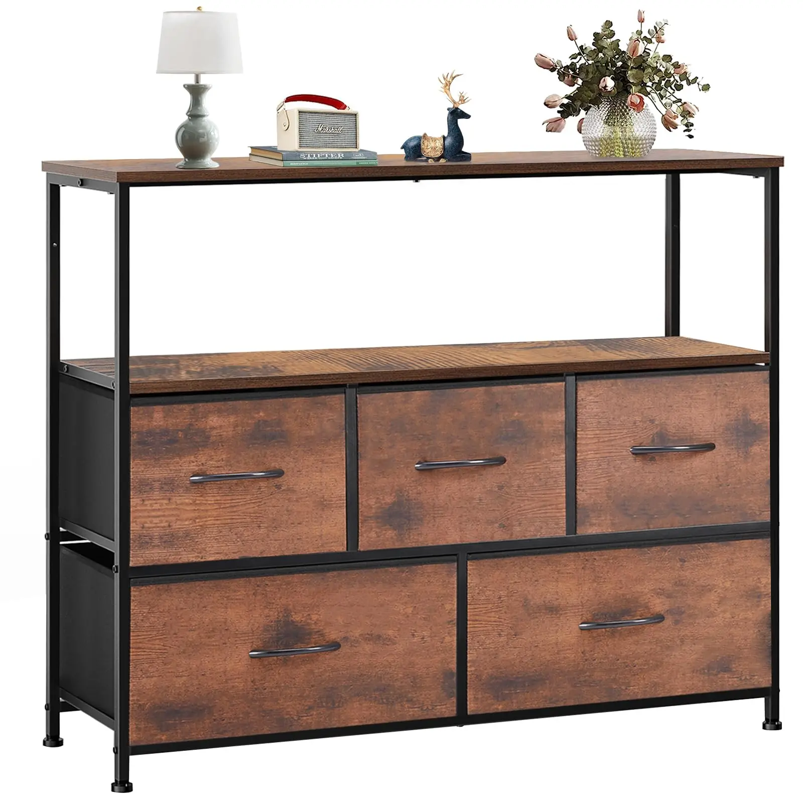

Dresser TV Stand with 5-Drawer Organizer, Compact Clothes Storage for Bedroom, Living Room, Nursery, Entryway, Rustic Brown