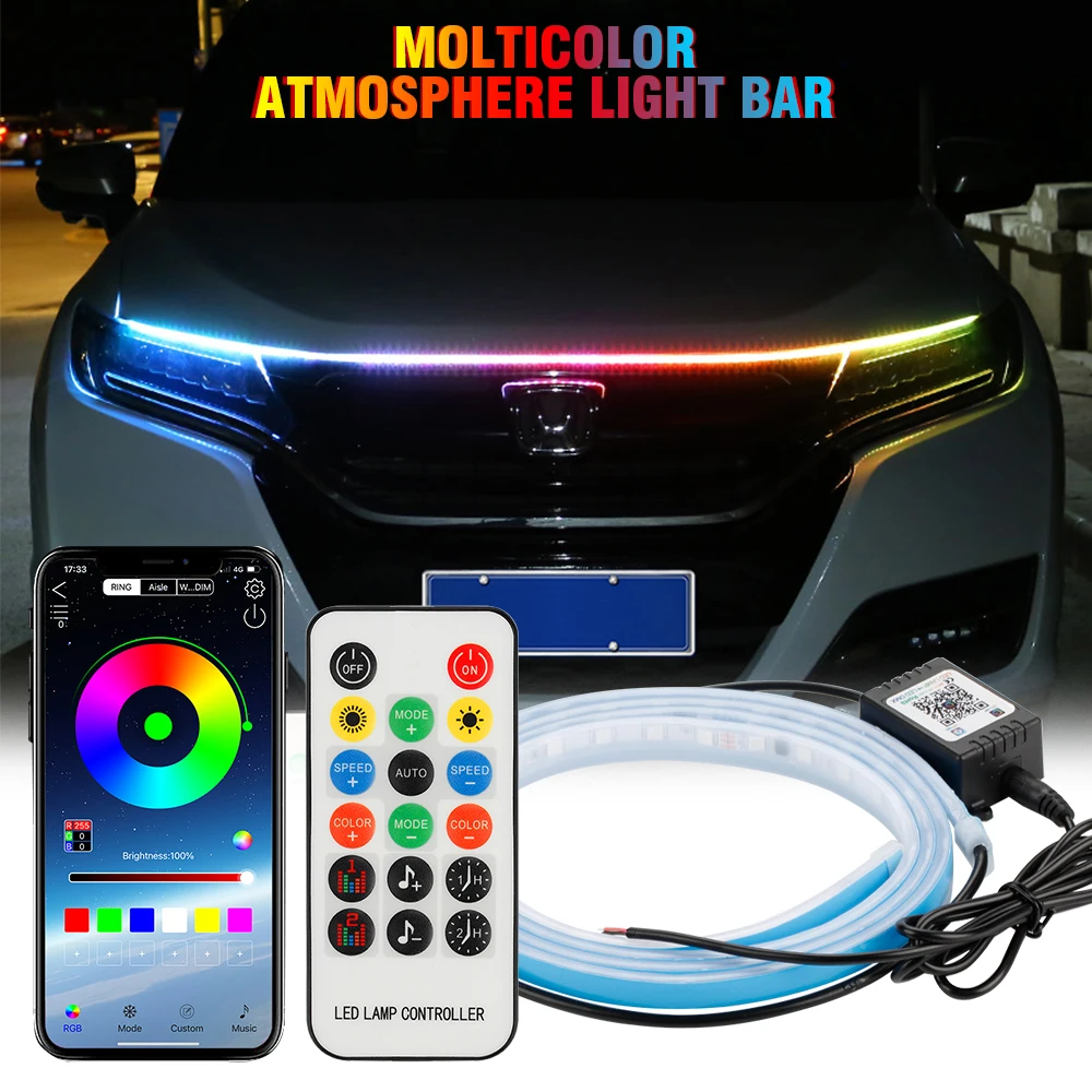 Okeen Universele Rgb Led Verlichting Voor Auto Kap Licht Strip  Dagrijverlichting Decoratieve Lichtbalk Kleurrijke App Afstandsbediening -  AliExpress