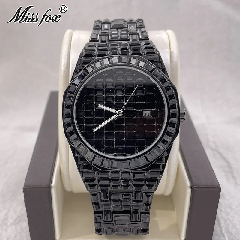 Hip Hop Brand MISSFOX Luxury Wristwatch Baguette Diamond Black Watch For MenS Stainless Steel Automatic Date Quartz Clocks Male oupinke 3199 swiss automatic mechanical watch for men real diamond sapphire mirror 50atm waterproof men s wristwatch original