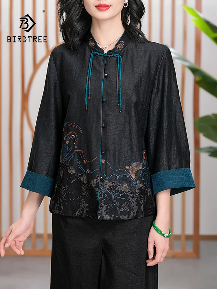 

BirdTree, 100%Real Silk Watered Gauze Shirts, Women Long Sleeve Printed, Loose Commute Mom Versatile Blouses, Summer T448128QC