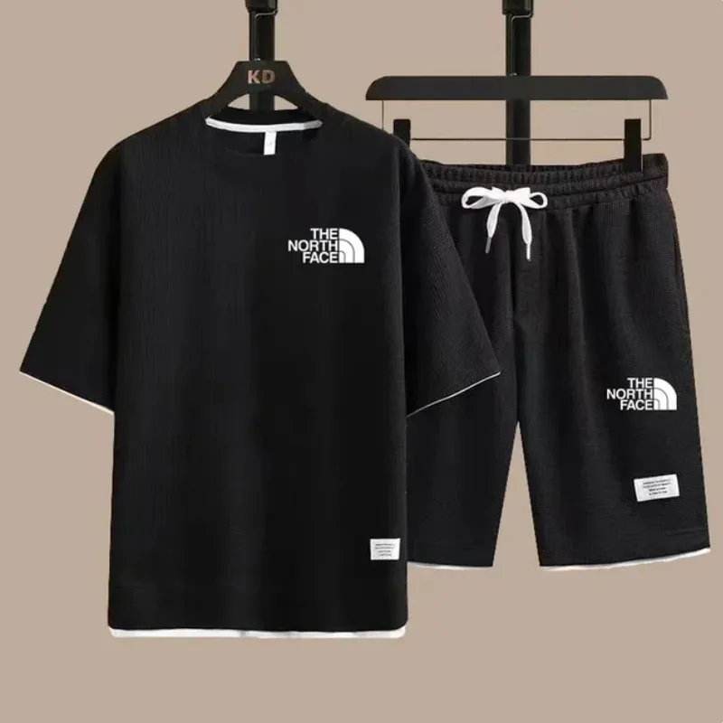 

2024 new summer men's Waffle T-shirt set casual couple loose trend plus size five point pants fashion youth outdoor sportswear