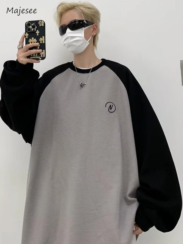 Felpe Con Pannelli Uomo Autunno Waffle Harajuku Temperamento Baggy Cozy Classic Girocollo All-Match Elegante Advanced City Boy