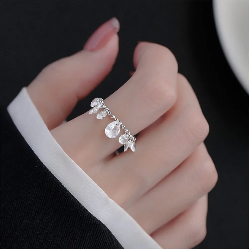 Light Luxury Fairy-Inspired Waterdrop Tassel Sparkling Zirconia Pendant Adjustable Ring for Women Stylish Jewelry Accessory