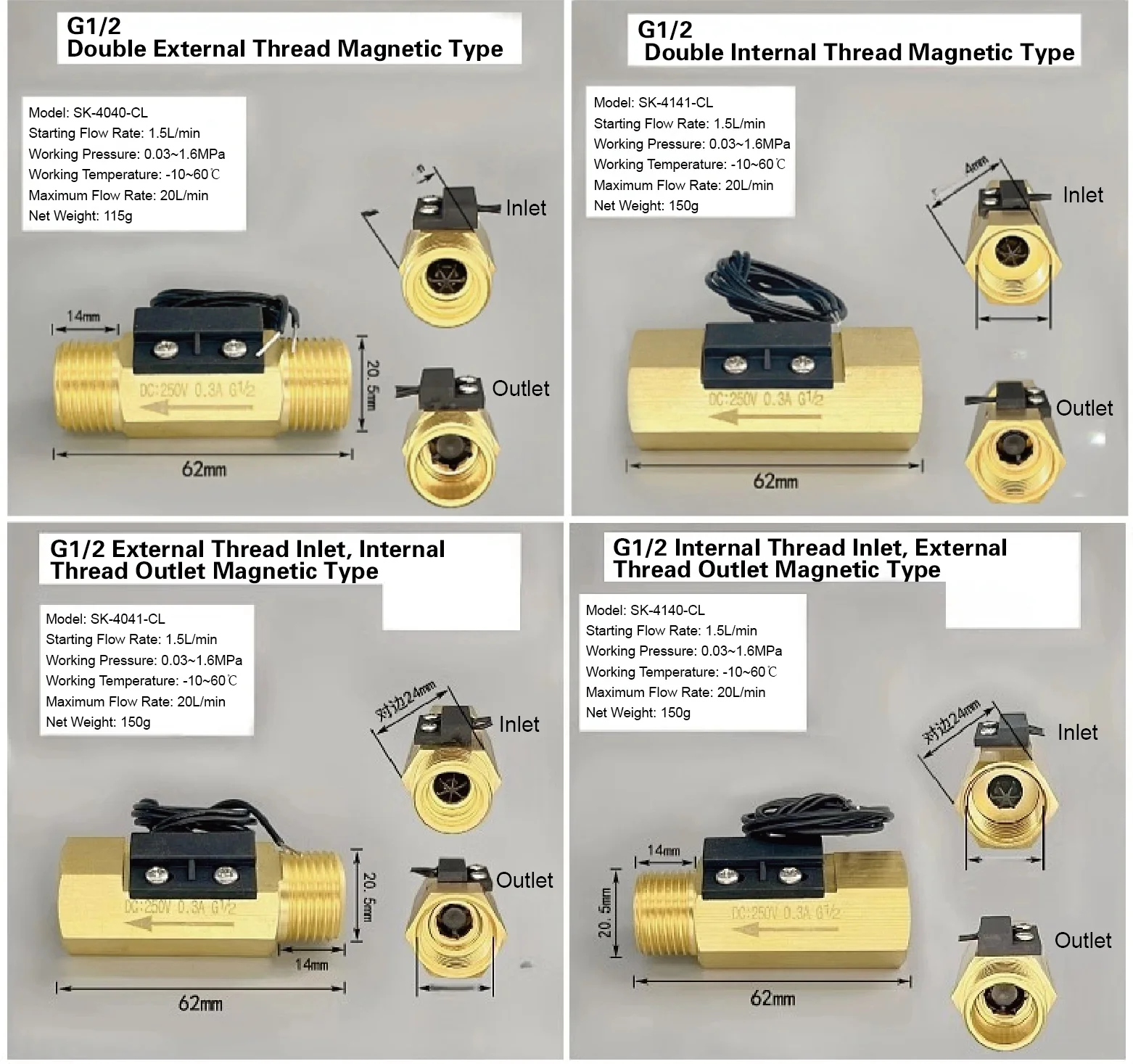 Brass Water Flow Switch Low Flow 1.5-3 L/min G1/4 G3/8 G1/2 G3/4 Thread Magnetic