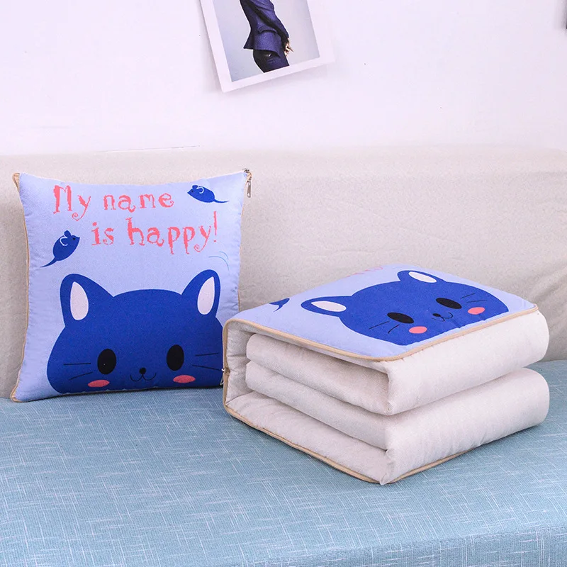 2 In 1 Pillow Travel Quilt Blanket Cartoon Thick Throw Pillow Portable Foldable Air Conditioner Cushion Blanket Car Sofa Office