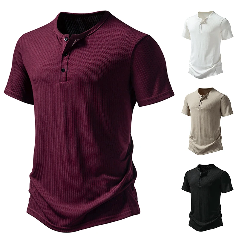 Men's T-shirt Casual Three Button Henry Pit Stripe Short Sleeved T-shirt summer henry collar short sleeved polo shirt men s pure cotton sweat absorbing large size t shirt stand collar half sleeved top