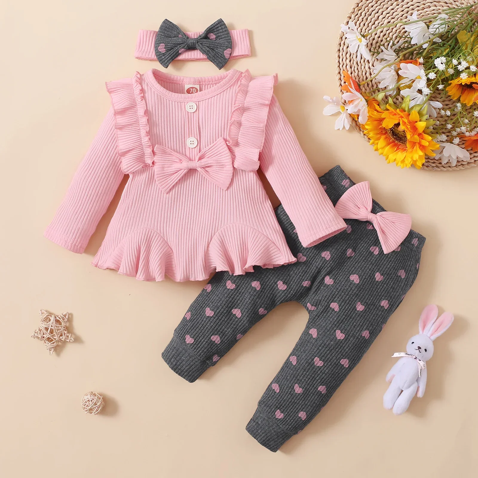 Newborn Baby Girls Clothes Set Pink Toddler Ruffle Tops Heart Print Bow Trousers Princess Casual Infant Outfits