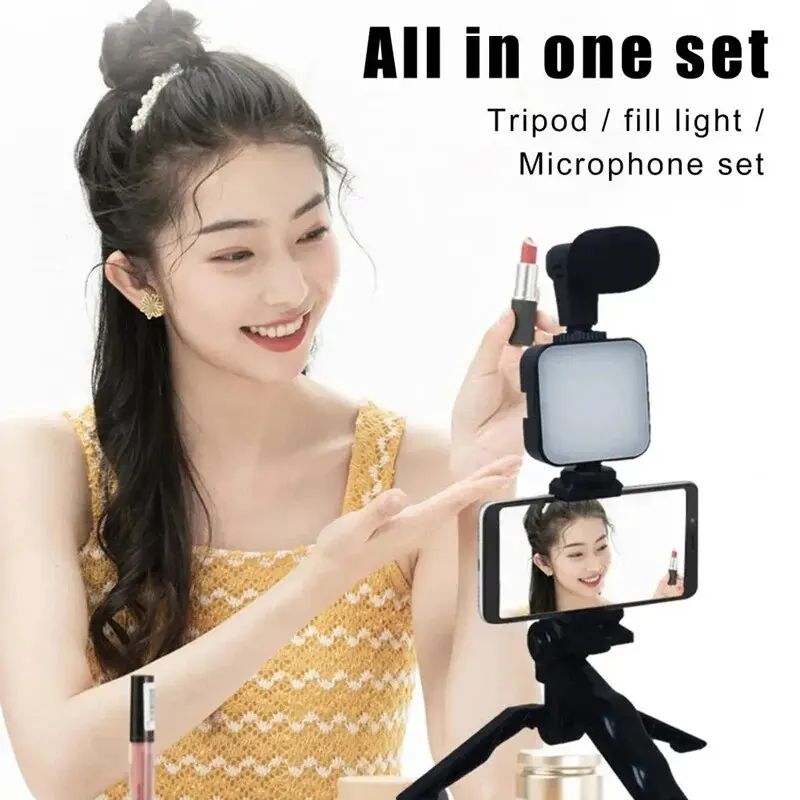 Vlogging Kit Smartphone With Tripod Phone Holder Mini Microphone LED Fill Light for Live Stream YouTube