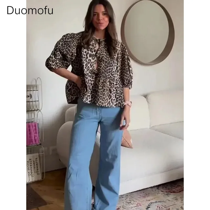Duomofu Leopard Bow Lace Up Women Shirts Blouses Loose Y2K Puff Sleeve Pleat Shirt Top Summer New Cropped Lady Streetwear sneakers leopard lace up platform sneakers in gray size 37 38 39 40 41